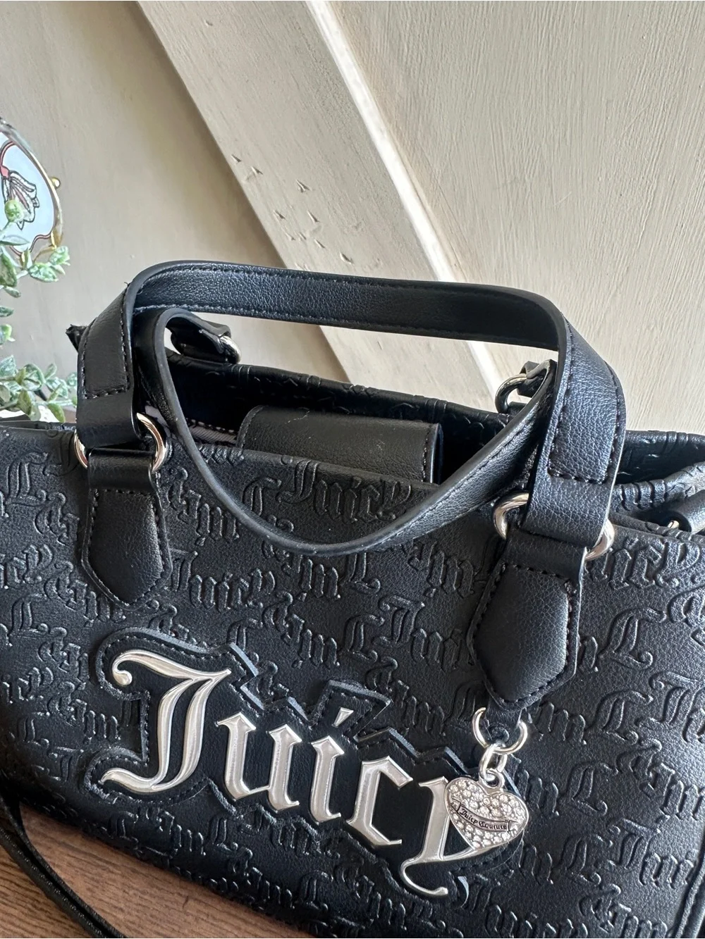 Juicy Couture Black Monogram Satchel Crossbody Bag Silver Logo Charm